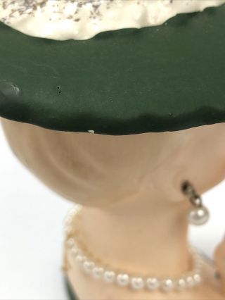 Vintage Napco Lady Head Vase 1950s Japan C3343 Green Hat and Faux Pearls AA 3