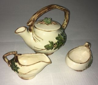 Vtg Mccoy Art Pottery Ivy Vine Tea Set Teapot,  Sugar Bowl And Creamer 1950s