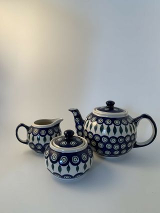 Boleslawiec Polish Pottery Tea Set.  Teapot,  Creamer,  Sugar Bowl.  Peacock Pattern