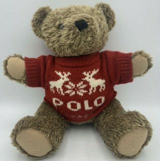 Vintage 1998 Ralph Lauren Stuffed Teddy Bear Reindeer Polo Sweater Christmas