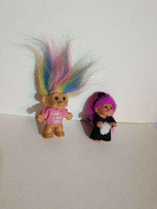 Vintage Lucky Bingo Troll W/rainbow Hair Cat W/hot Pink Hair 3 " Russ Troll Dolls