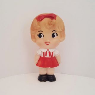 Vintage Rubber Squeaky Squeak Big Head Girl Doll Toy Red Jumper 8 - 1/4 "