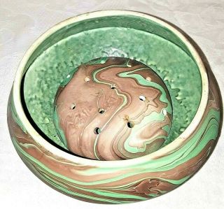 Vintage Nemadji Souvenir Pottery Bowl W/ Flower Frog - Green Mission Swirl