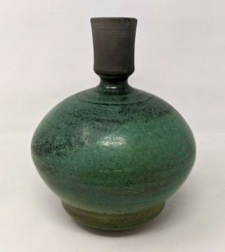 Vtg Studio Art Pottery Signed Green Stoneware Raku Bulbous Weed Pot Bud Vase