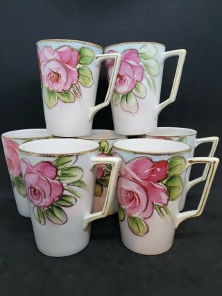 Antique Te - Oh Nippon 7 Lemonade Cups Hand Painted Pink Roses With Gold Accents