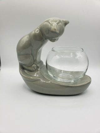 Vintage 90s Haeger Pottery Gloss Gray Cat Gazing In Fish Bowl Rare Color