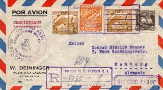 El Salvador: Registered Airmail Cover To Germany 1937.  Arr.  Canc.