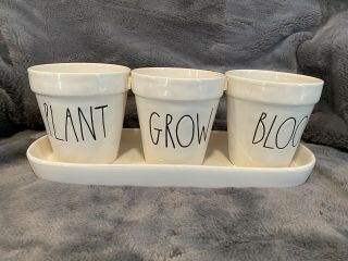 Rae Dunn Plant Grow Bloom Set Of 3 Flower Pots With Matching Tray M Stamped