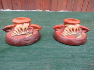 Vintage Roseville Pottery Orange Fressia 2 Candle Holders 1160 - 2 " Great