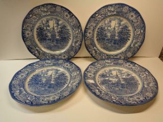 4 Liberty Blue Historic Colonial Scenes Independence Hall 10 " Dinner Plates Engl