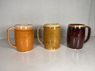 Set Of 3 Brown/orange/yellow Drip Hull Beer Steins Tall Coffee 5 " Mugs 16 Oz.