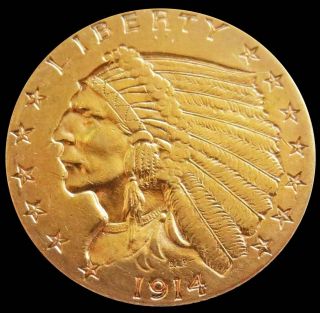 1914 D Gold United States $2.  5 Dollar Indian Head Quarter Eagle Coin