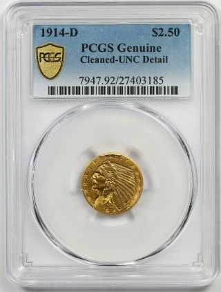 1914 - D $2.  5 Pcgs Cleaned - Unc Detail Indian Head Gold Quarter Eagle