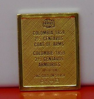 Modern Gold plated 7.  1g Silver Stamp Ingot Colombia 1859 Coat of Arms 2