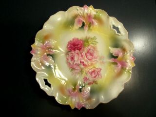 Stunning R S Prussia " Iris Mold " Pink Victorian Roses 9 1/4 " Handled Cake Plate
