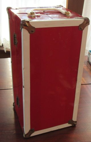 Vintage Large 13 " Red Metal Doll Case Trunk Plus Hangers