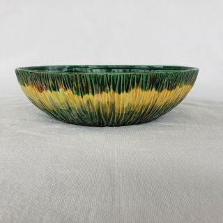 Vintage Hedi Schoop Ceramic Pottery Bowl Green Yellow Accordion Ripple