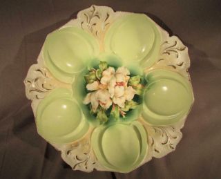 Lovely Antique Rs Prussia Master Berry Bowl 10 1/2 " Green With White Flowers