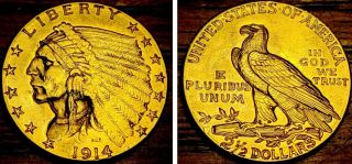 1914 D $2.  5 Indian Head Gold Coin Denver 2 1/2 Dollar,  Choice Au,  /bu I09