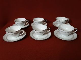 Kenmark Fine China Cups & Saucers Meadow Brook Pattern 6893 White Set 6