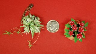 2 Hanging Plants,  A Spider Plant & A Blooming Plant By Falcon,  1:12