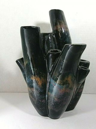 Multi Spout Vase Signed Mcm Style Hand Made 2011 Ceramic 10 " Multi Colors