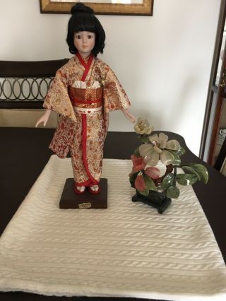 Asian Oriental Satin Red And Gold Outfit Porcelain Doll Black Hair Brown Eyes