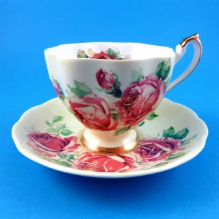 Queen Anne Pretty Pink Roses On Light Yellow Background Tea Cup And Saucer Set