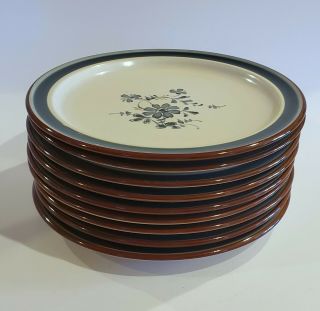9 Vintage Noritake Stoneware Pleasure Dinner Plates Blue Floral W/ Brown Trim