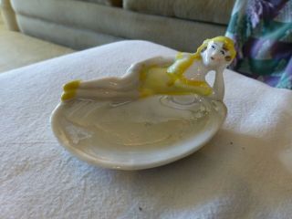 Ca.  1915 " Bathing Beauty " Porcelain Doll On Edge Of Little Dish - Made In Germany