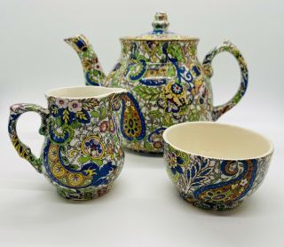 Vintage Wade Heath Chintz Paisley Tea Teapot,  Creamer And Sugar Set - England