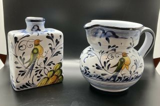Italian Pitcher And Bottle / Vase Set Hand Painted Bird Design