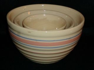 Vintage Mccoy Nesting Mixing Bowls Pink And Blue Banded Ribbed/3 Sizes