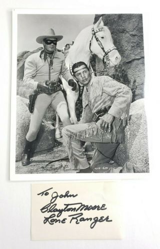 Clayton Moore The Lone Ranger Autographed 3x5 Index Card Signed With 8x10 " Photo