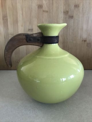 Vintage Green Pottery Ringware Pitcher Wood Handle Bauer