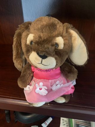 Build A Bear Buddies Chocolate Brown Bunny Rabbit,  With Pink/white Dress Flowers