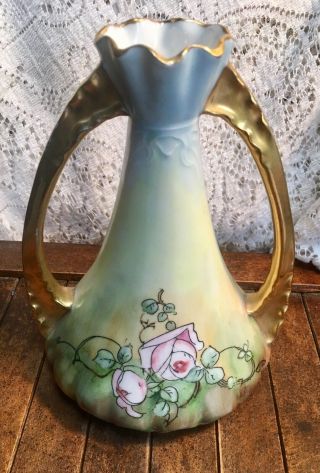 Antique Porcelain Hand Painted Roses Urn Vase Urn 7 1/2” Tall Unsigned