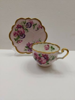 Bone Windsor China England Tea Cup & Saucer Pink / Purple Flower Gold Trim
