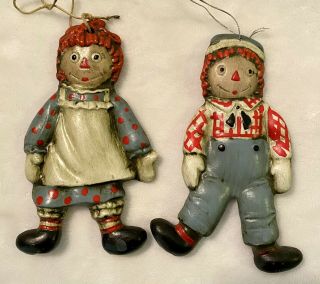 Vintage Bobbs Merrill Raggedy Ann And Andy Ceramic Christmas Ornament Set