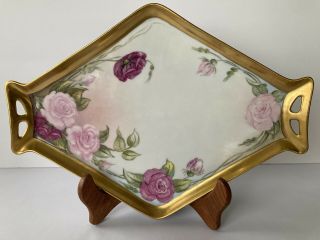 Antique Limoges France Gold Rim Hand Painted Signed 13x9.  5 China Serving Tray