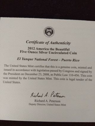 2012 P El Yunque Puerto Rico ATB Collector Version 5 oz Coin w/ OGP & 5