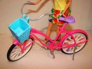 Mattel Barbie Doll Size Bicycle Pink With Kick Stand Basket Biking Fun Bike