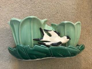 Vintage Mccoy Pottery (usa) Double Tulip Green Glaze Swallow W White Bird Plant