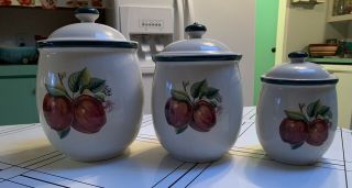 Casuals By China Pearl Apples Ceramic Stonewear Canister Set 3 Great Cond