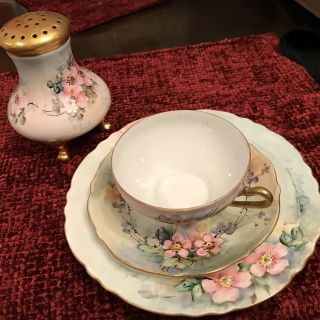 Vintage Porcelain C.  T.  Germany Cup And Saucer,  Small Plate,  And A Container