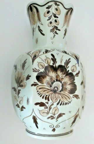 Vintage Delft Holland Vase Hand Painted Floral 6 Panel Brown & White 8 " Signed