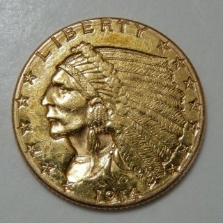 1914 D $2 - 1/2 Indian Head Gold $2.  50 Quarter Eagle Coin Au Details
