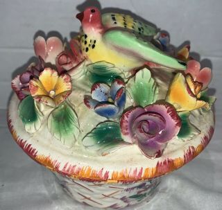 Vintage Capodimonte Floral Trinket Box Made In Italy Flowers Bird Multicolor