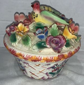 Vintage Capodimonte Floral Trinket Box Made In Italy Flowers Bird Multicolor 2