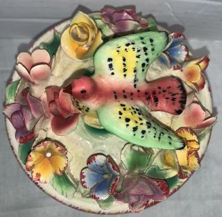 Vintage Capodimonte Floral Trinket Box Made In Italy Flowers Bird Multicolor 3